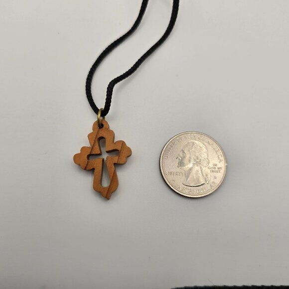 Religious Faith Jewelry Necklace Wooden Cross Charm Black Corded Rugged Ornate - Picture 4 of 4